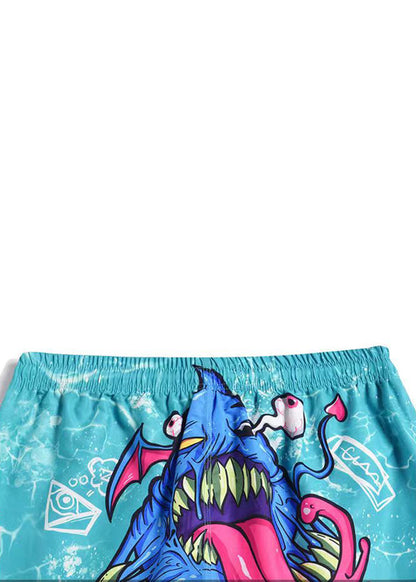 Beach Blue Print Elastic Waist Cotton Beach Shorts Summer