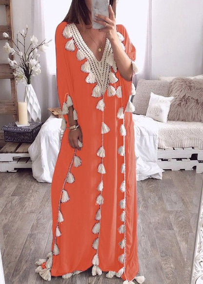 Beach Blue V Neck Tassel Long Dresses Three Quarter Sleeve
