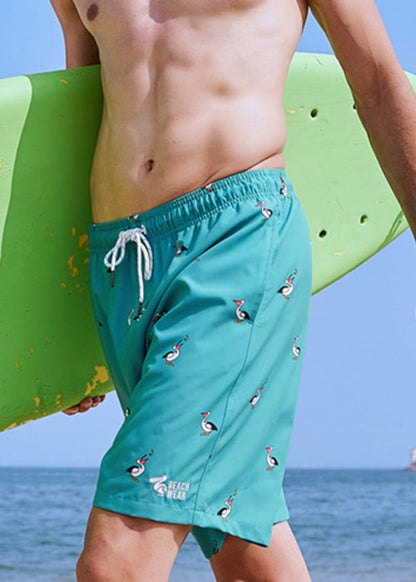 Beach Green Print Lace Up Elastic Waist Cotton Shorts Summer