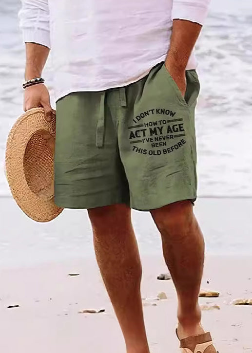Beach Khaki Print Pockets Elastic Waist Cotton Shorts Summer