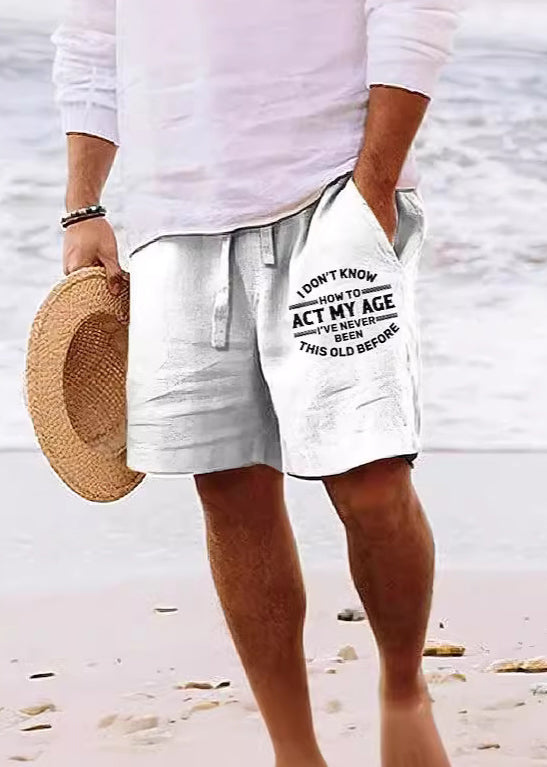 Beach Khaki Print Pockets Elastic Waist Cotton Shorts Summer