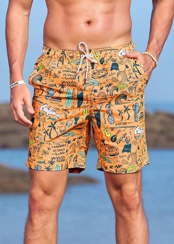 Beach Orange Print Elastic Waist Cotton Shorts Summer