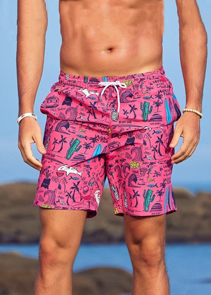 Beach Orange Print Elastic Waist Cotton Shorts Summer