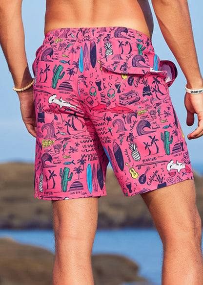 Beach Orange Print Elastic Waist Cotton Shorts Summer