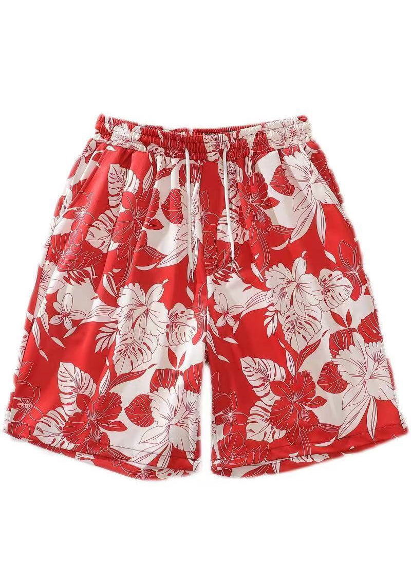 Beach Red Print Lace Up Cotton Shorts Summer
