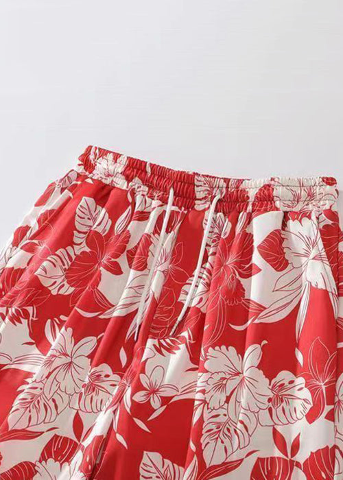 Beach Red Print Lace Up Cotton Shorts Summer
