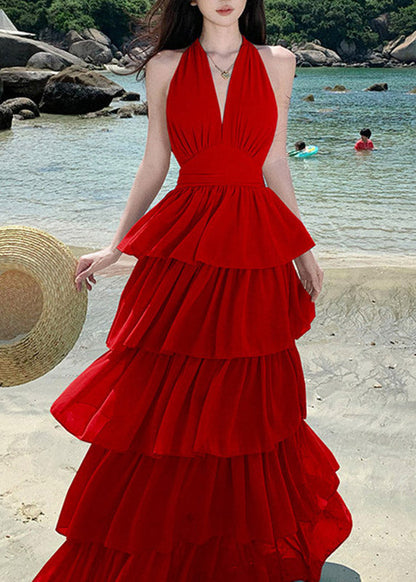 Beach Red V Neck Halter Backless Maxi Cake Dress Sleeveless