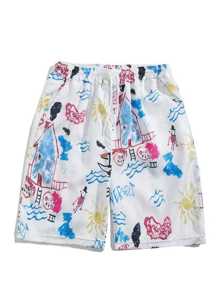 Beach White Print Elastic Waist Cotton Summer Beach Shorts