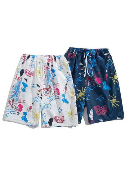 Beach White Print Elastic Waist Cotton Summer Beach Shorts