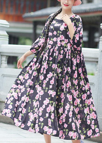 Beach Black Print Chiffon Clothes Ideas O Neck Half Sleeve Summer Dress