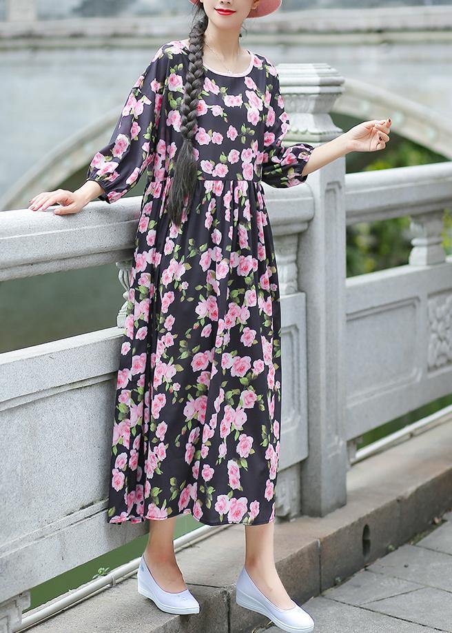 Beach Black Print Chiffon Clothes Ideas O Neck Half Sleeve Summer Dress