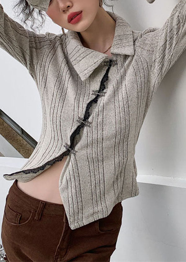 Apricot Asymmetrical Patchwork Knit Sweater Tops Long Sleeve