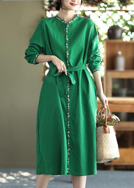 Apricot Embroidered Button Tie Waist Cotton Dress Fall