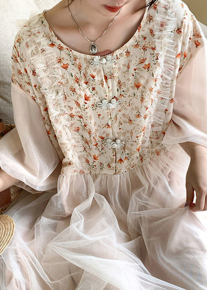 Apricot O-neck Embroideried Tulle Patchwork Maxi Dresses Half Sleeve