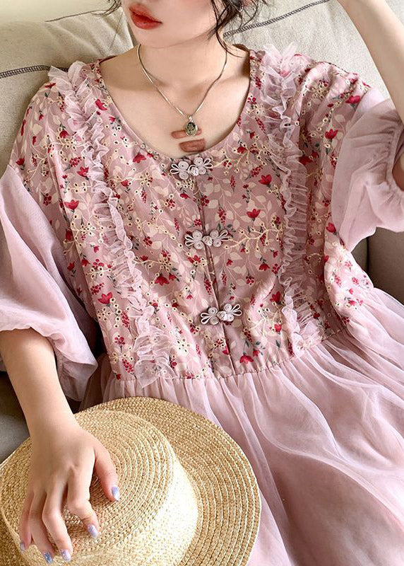 Apricot O-neck Embroideried Tulle Patchwork Maxi Dresses Half Sleeve