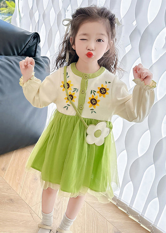 Apricot O-neck Tulle Patchwork Kids Mid Dress Fall