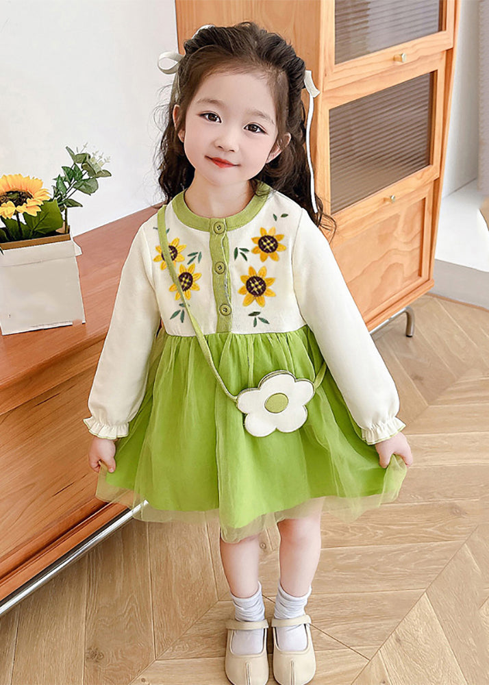 Apricot O-neck Tulle Patchwork Kids Mid Dress Fall