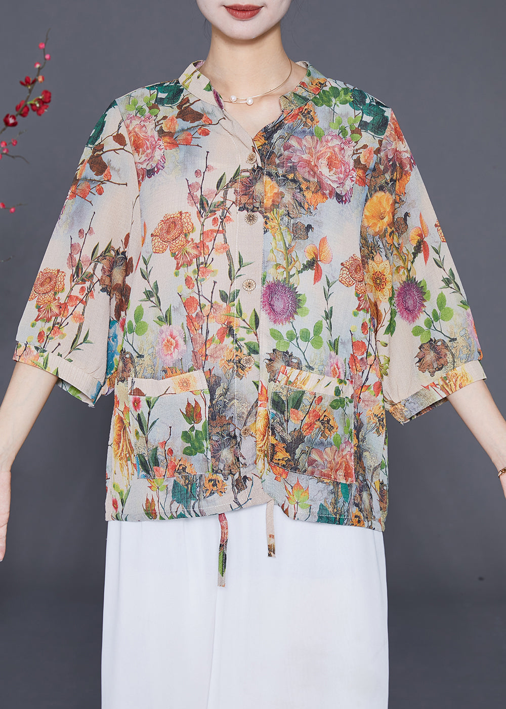 Apricot Oversized Print Chiffon Shirt Top Half Sleeve