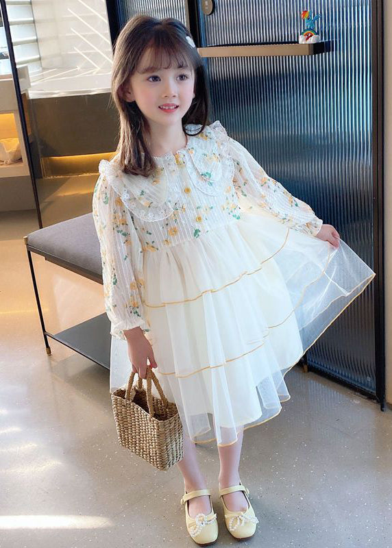 Apricot Peter Pan Collar Patchwork Tulle Long Dresses Long Sleeve