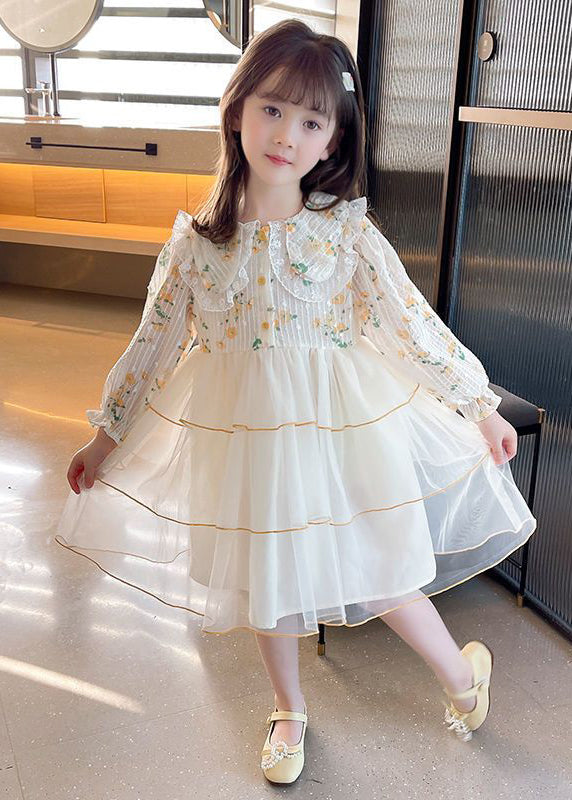Apricot Peter Pan Collar Patchwork Tulle Long Dresses Long Sleeve