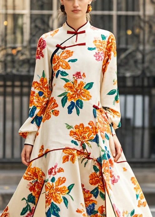 Apricot Print Asymmetrical Side Open Chinese Style Dress Spring