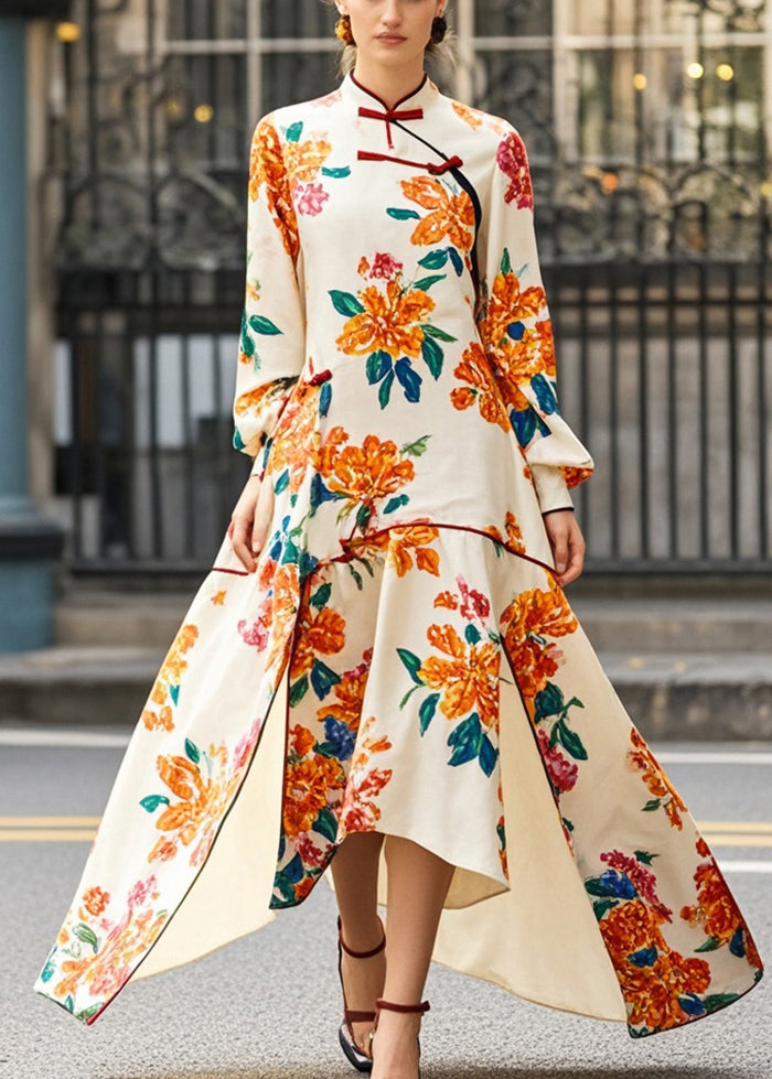 Apricot Print Asymmetrical Side Open Chinese Style Dress Spring