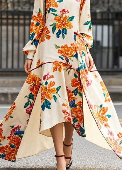 Apricot Print Asymmetrical Side Open Chinese Style Dress Spring