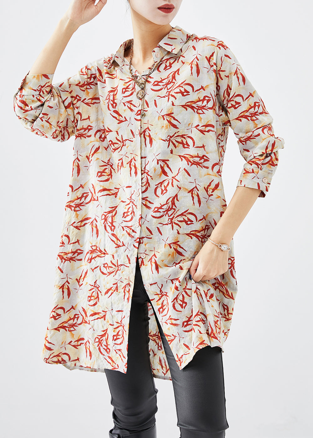 Apricot Print Cotton Shirt Dress Fall