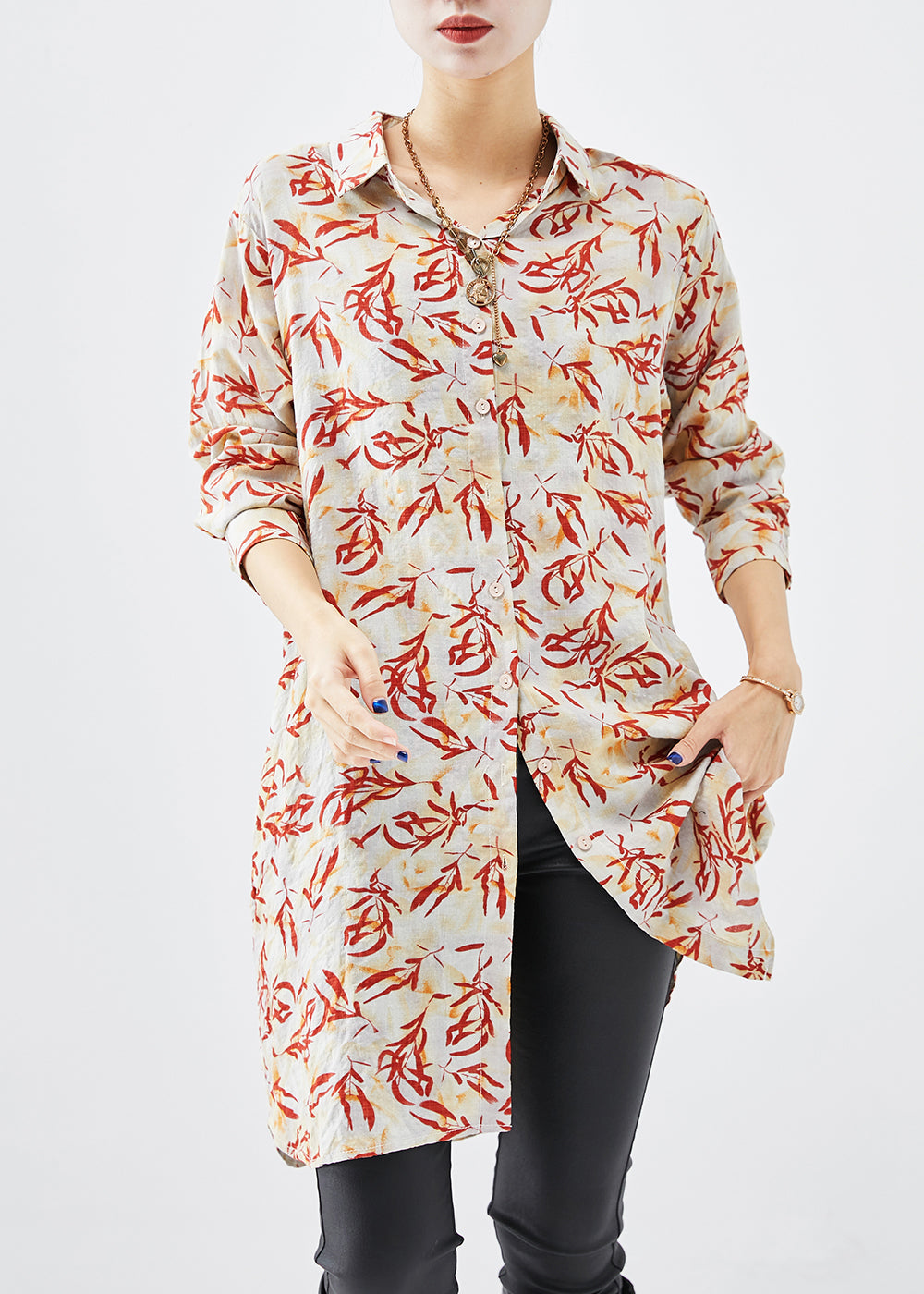 Apricot Print Cotton Shirt Dress Fall