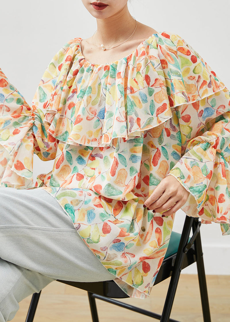 Apricot Slash Neck Print Chiffon Blouses Spring
