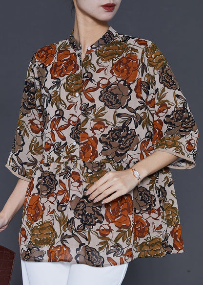 Apricot Stand Collar Print Chiffon Shirt Top Summer