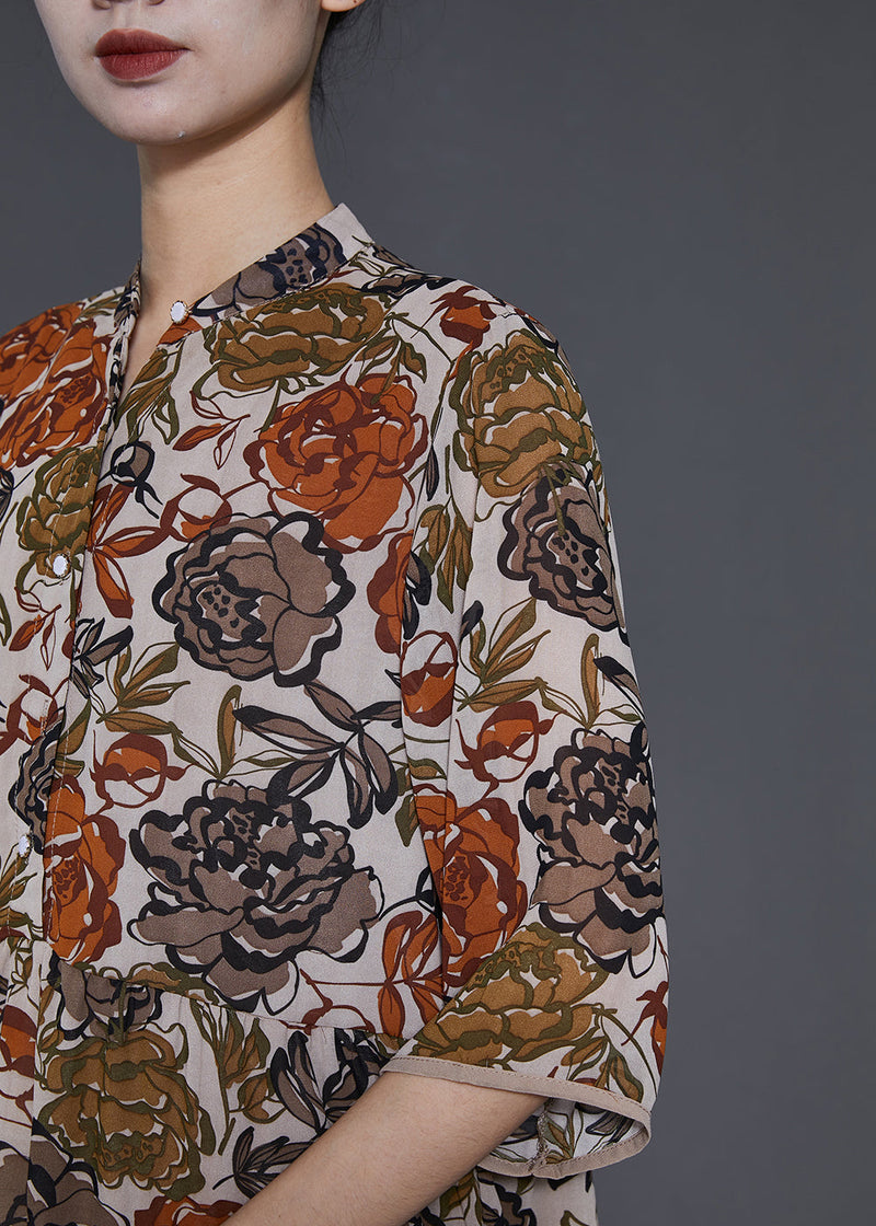 Apricot Stand Collar Print Chiffon Shirt Top Summer