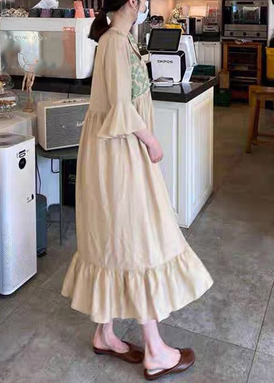 Apricot V Neck Embroideried Ruffled Tassel Tie Waist Long Dresses Flare Sleeve