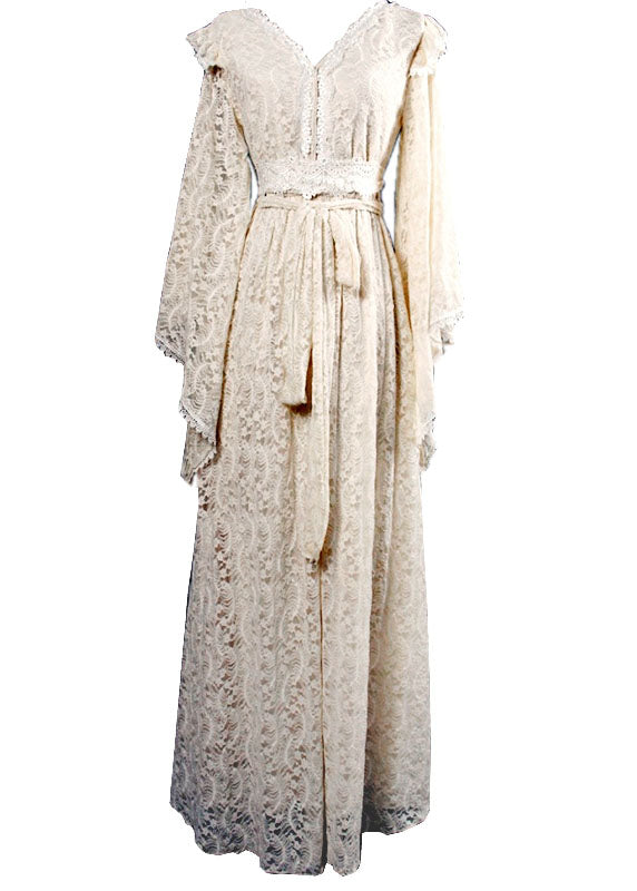 Apricot V Neck Hollow Out Lace Vacation Cinch Dresses Spring