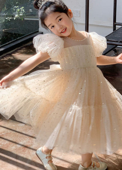 Apricot Wrinkled Sequins Patchwork Tulle Kids Dresses Summer