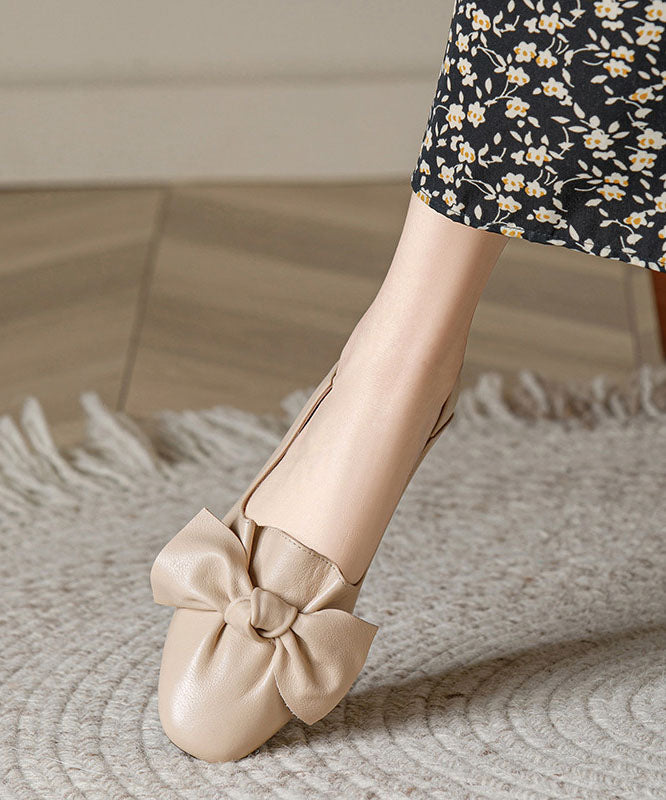 Beige Cowhide Leather Soft Flats Splicing Bow