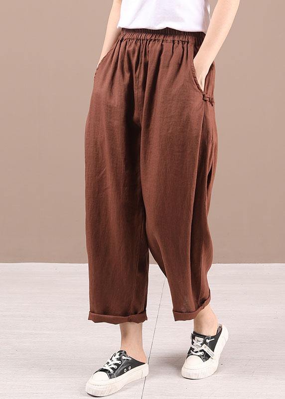 Beige Elastic Waist Pockets Pants Trousers Linen