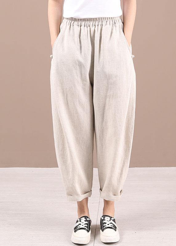 Beige Elastic Waist Pockets Pants Trousers Linen