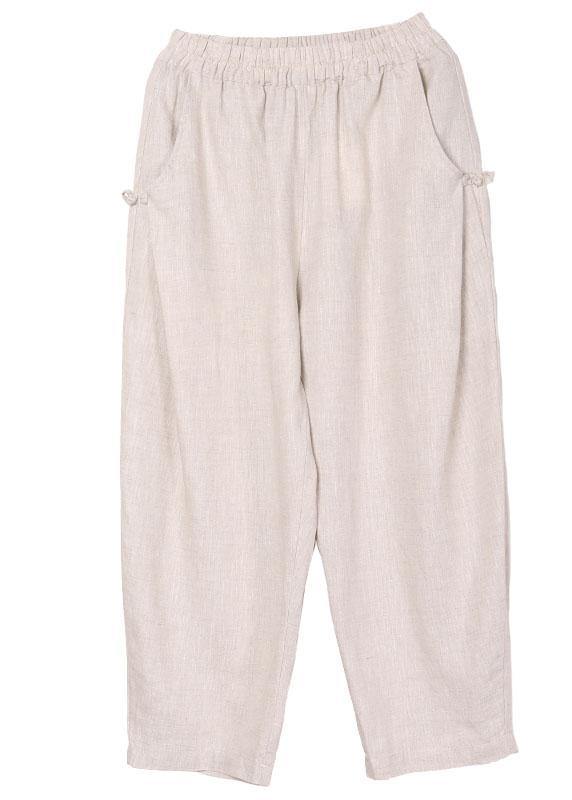 Beige Elastic Waist Pockets Pants Trousers Linen