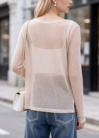 Beautiful Beige Hollow Out Polyester Tops Spring