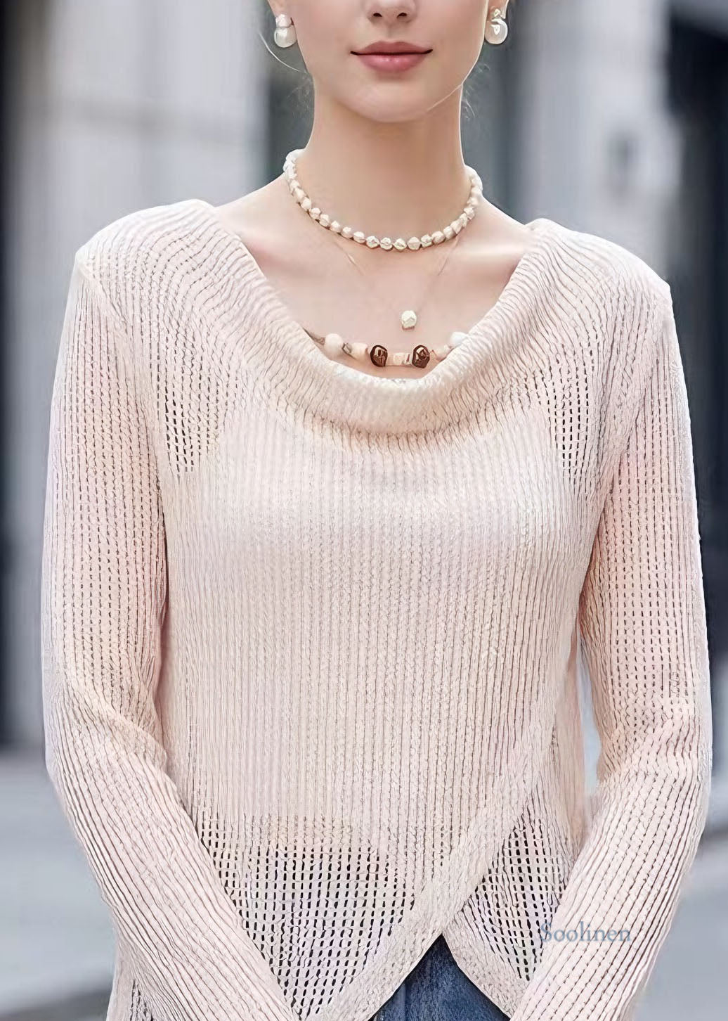 Beautiful Beige Hollow Out Polyester Tops Spring