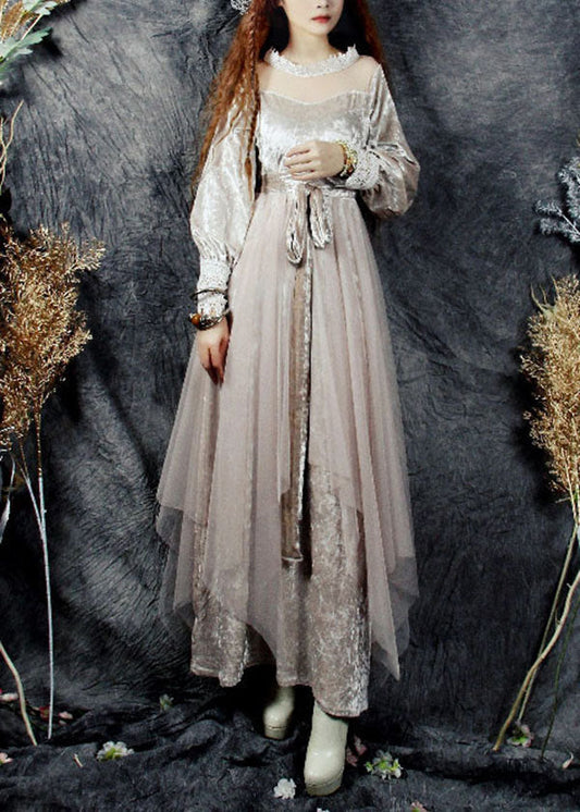 Beige Hollow Out Tulle Patchwork Silk Velour Long Dresses Spring
