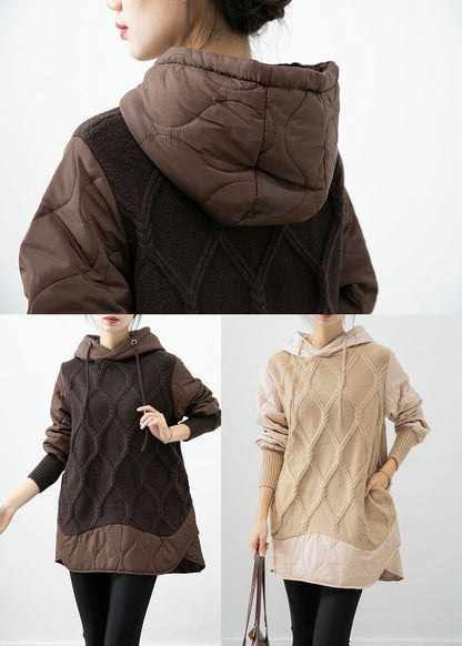 Beige Hooded Patchwork Fine Cotton Filled Sweatshirt Dress Winter