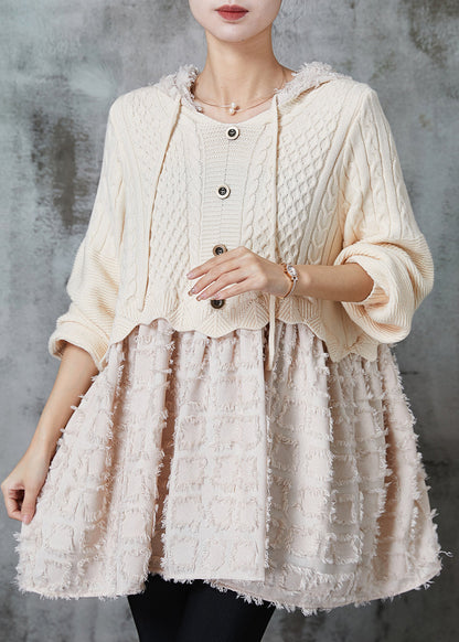 Beige Hooded Patchwork Knit Dress Spring