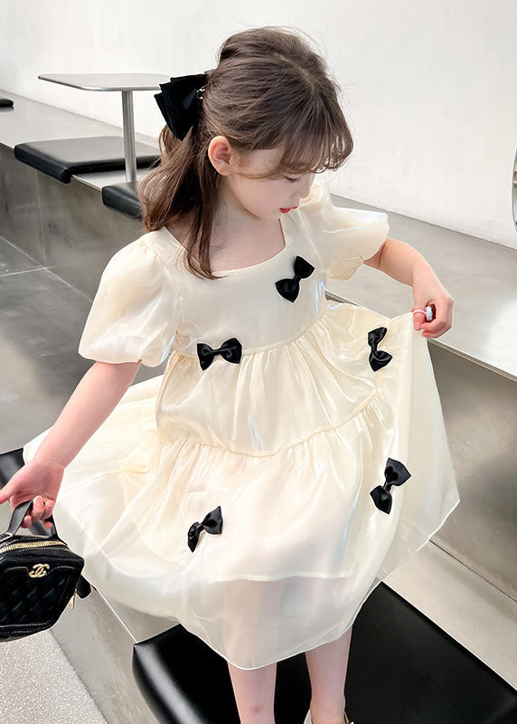 Beige O Neck Bow Patchwork Tulle Kids Dress Summer