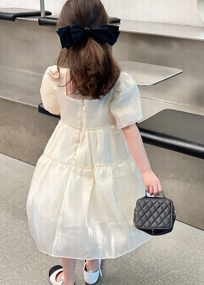 Beige O Neck Bow Patchwork Tulle Kids Dress Summer