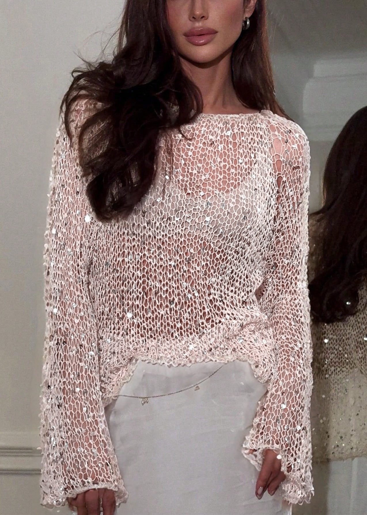 Beautiful Beige O-Neck Hollow Out Sequins Knit Top Spring