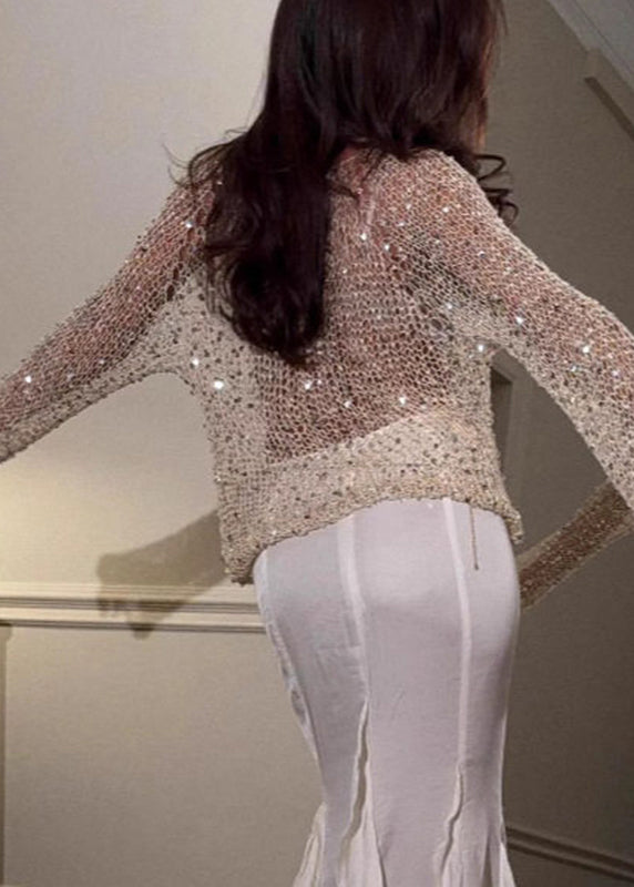 Beautiful Beige O-Neck Hollow Out Sequins Knit Top Spring