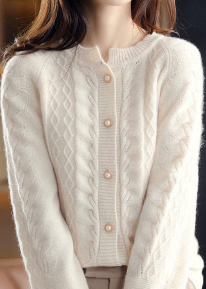 Beige O-neck Pearl Button Wool Knit Cardigan Winter
