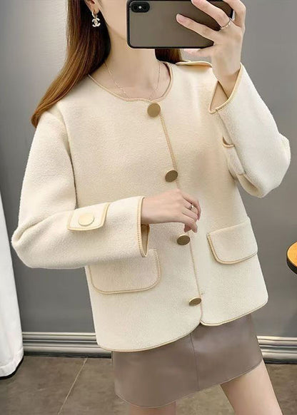 Beige O Neck Pockets Woolen Short Coat Spring